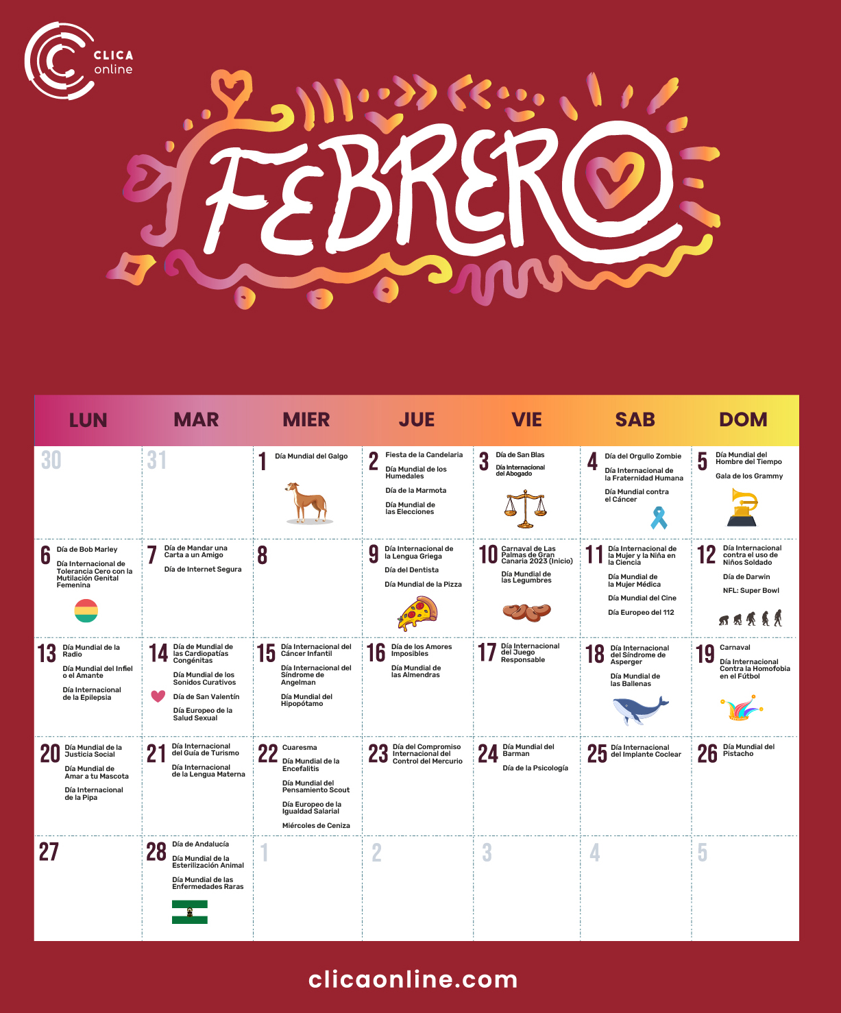 Calendario Febrero 2023
