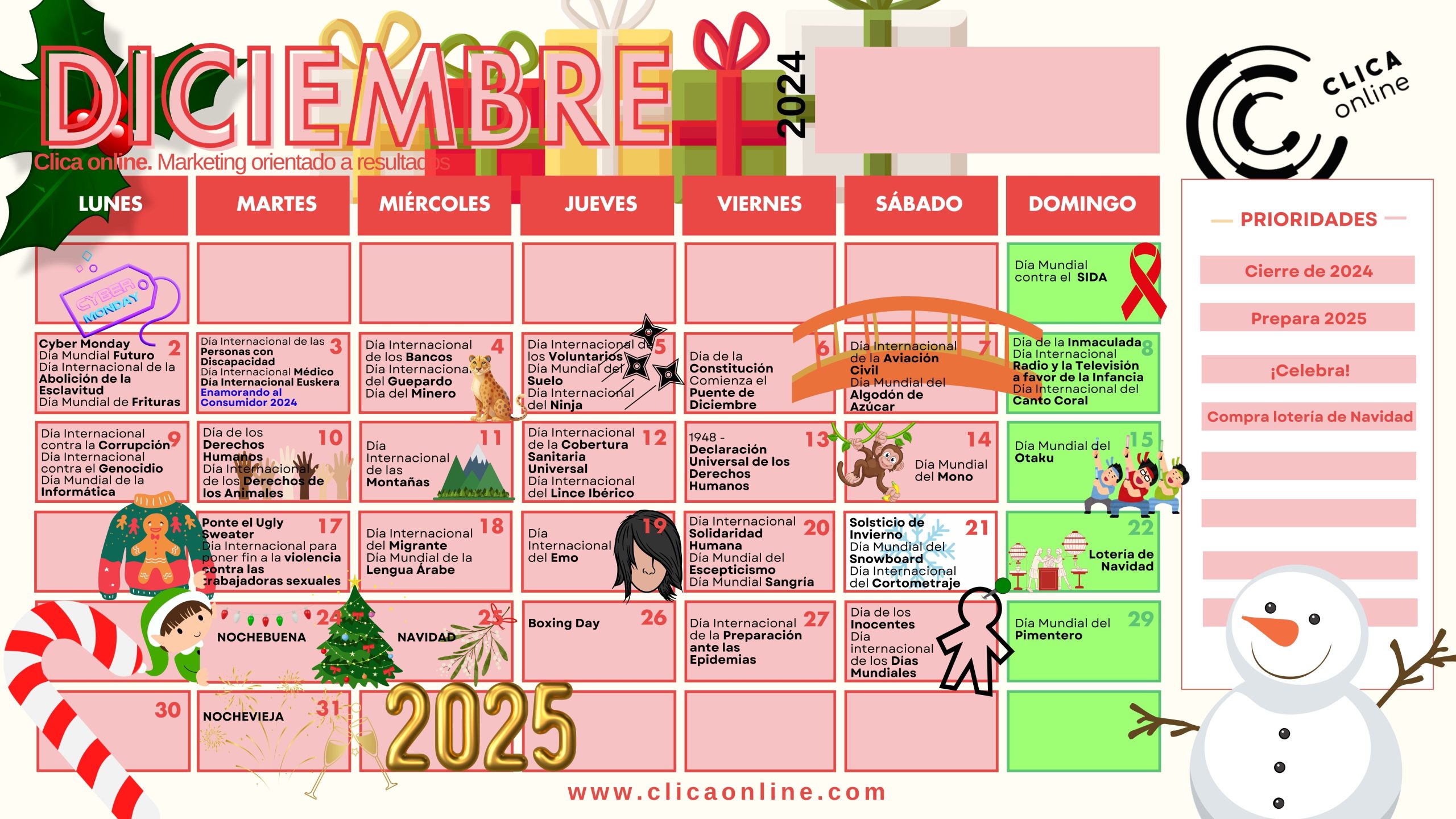 Clica online. Calendario diciembre de fechas clave para marketineros